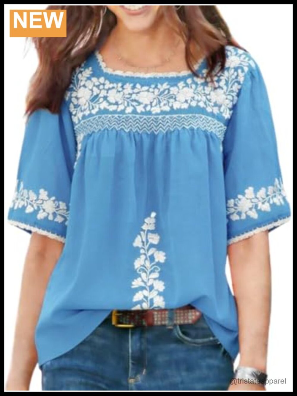 Mexican Peasant Shirt Square Neck Half Sleeve Cotton Embroidered Loose Fit